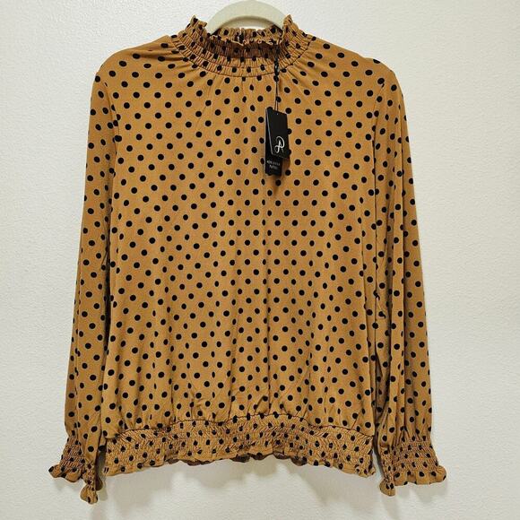 Adriana Papell NWT M Brown Black Polka-dot mock neck blouse. Bell sleeve Stylish - Picture 1 of 14